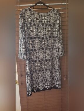 Max Studio Blue and Cream Geometric Floral-Scroll Print Midi Dress